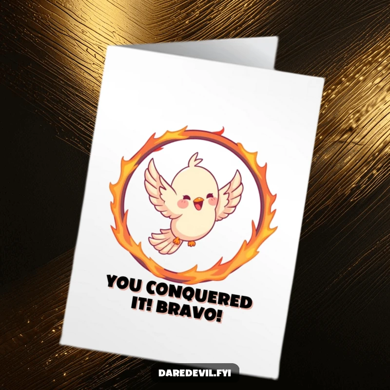 Funny Free Printable Congratulations Card: Joyful bird flying through a fiery ring hoop, symbolizing a triumphant success and celebration.