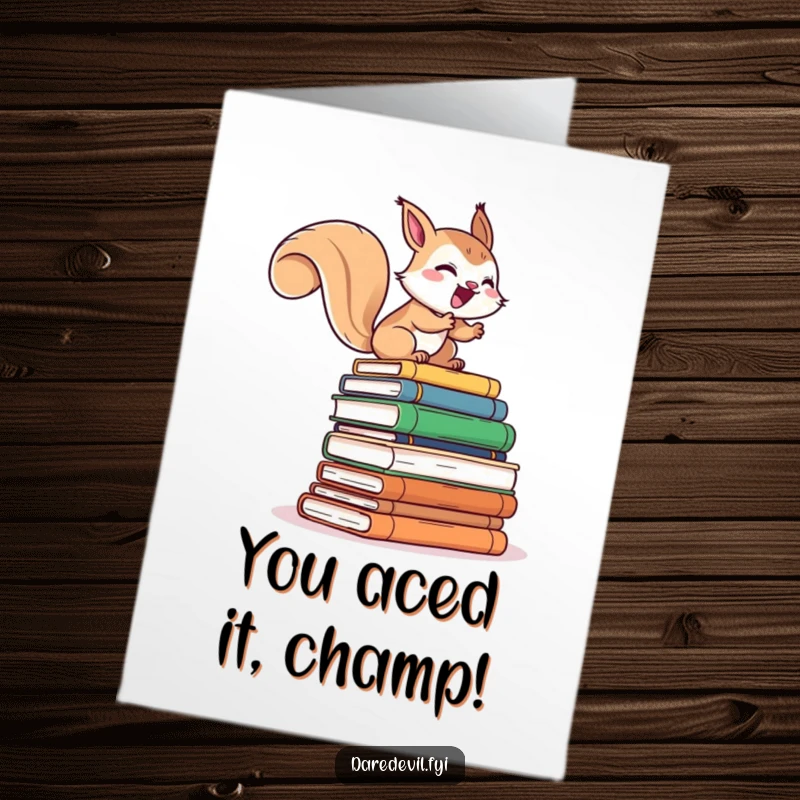 Funny Free Printable Congratulations Card: a giggling squirrel rapidly ascending a massive pile of books, celebrating a new milestone.