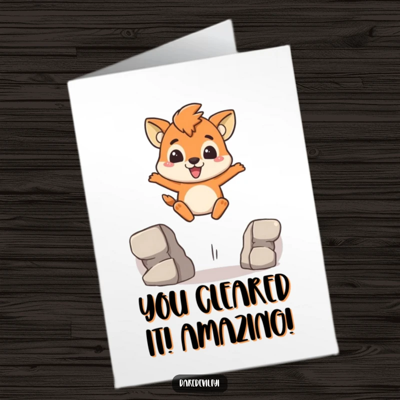 Funny Free Printable Congratulations Card featuring a brave animal character mid-air, triumphantly clearing a gap with a determined smile.