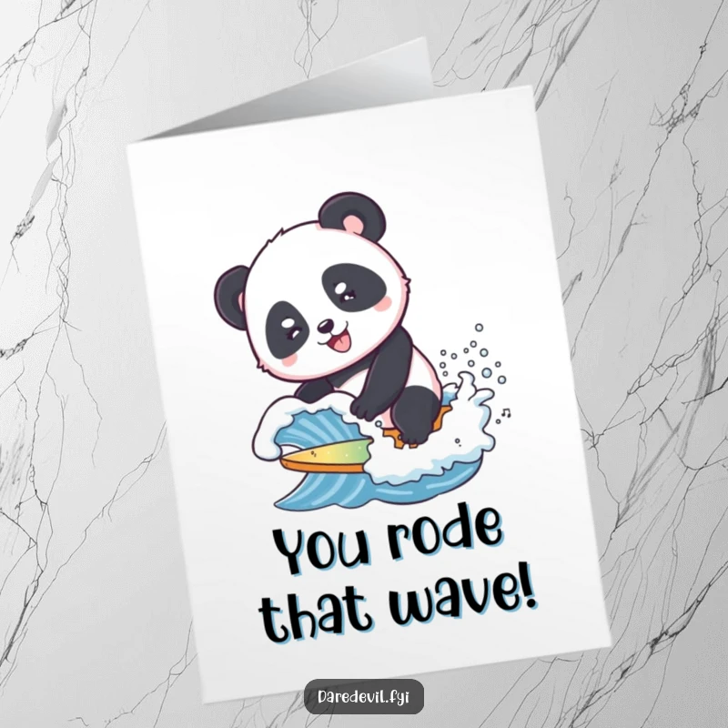 Funny Free Printable Congratulations Card: A smiling panda confidently surfing a tiny, crashing wave with a look of pure joy.