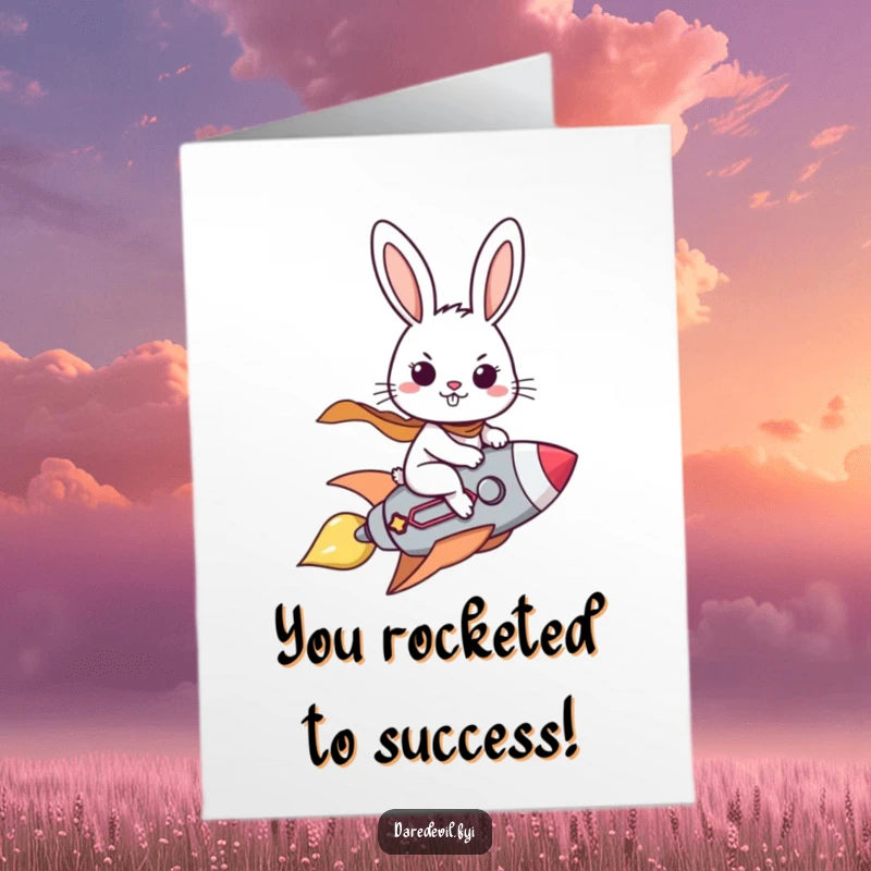 Funny Free Printable Congrats Card: A determined rabbit rides a small rocket, celebrating your incredible achievements!