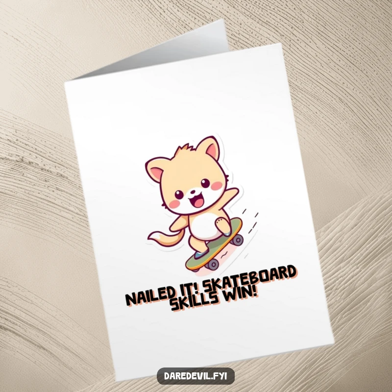 Funny Free Printable Congratulations Card with a beaming animal skater landing a trick down a ramp.