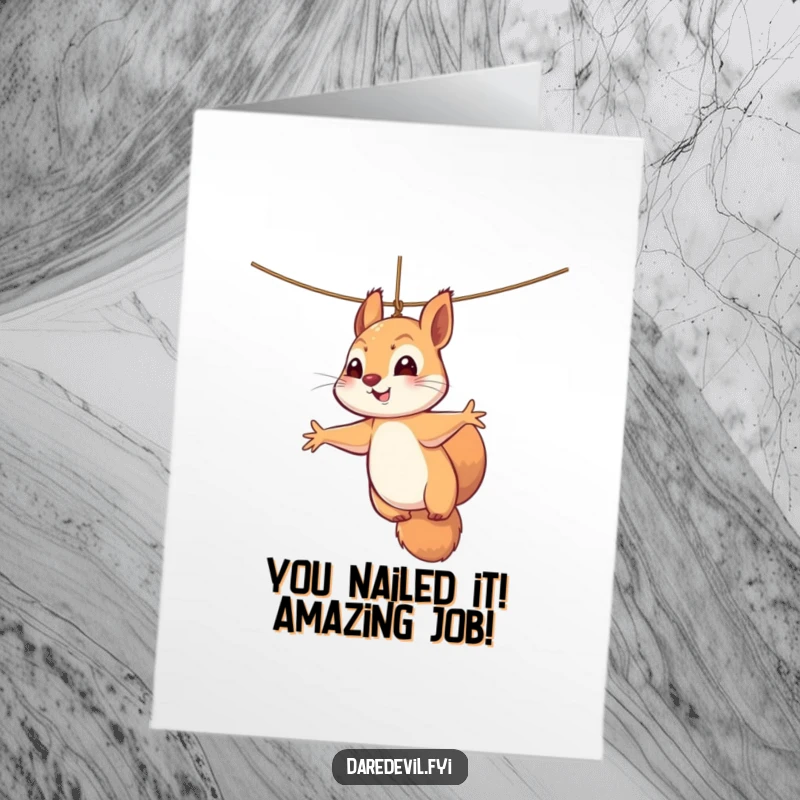 Funny Free Printable Congratulations Card: Perky squirrel dangling from a thread, arms flailing, celebrating a hilarious achievement, download now.