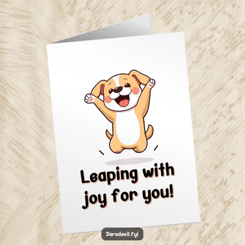 Free Printable Congratulations Card: Dog soaring through the air doing a somersault, celebrating a win.
