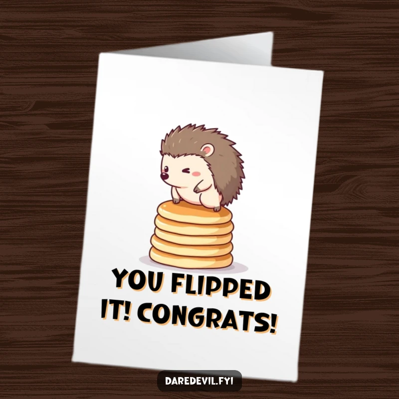 Funny Free Printable Congratulations Card: A tiny hedgehog masters pancake stacking, celebrating your grand achievements!