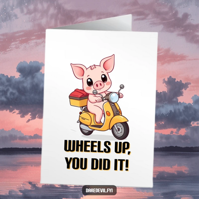 Funny free printable congratulations card: A courageous piglet rides a scooter, wide-eyed and determined, celebrating your success with thrilling energy.