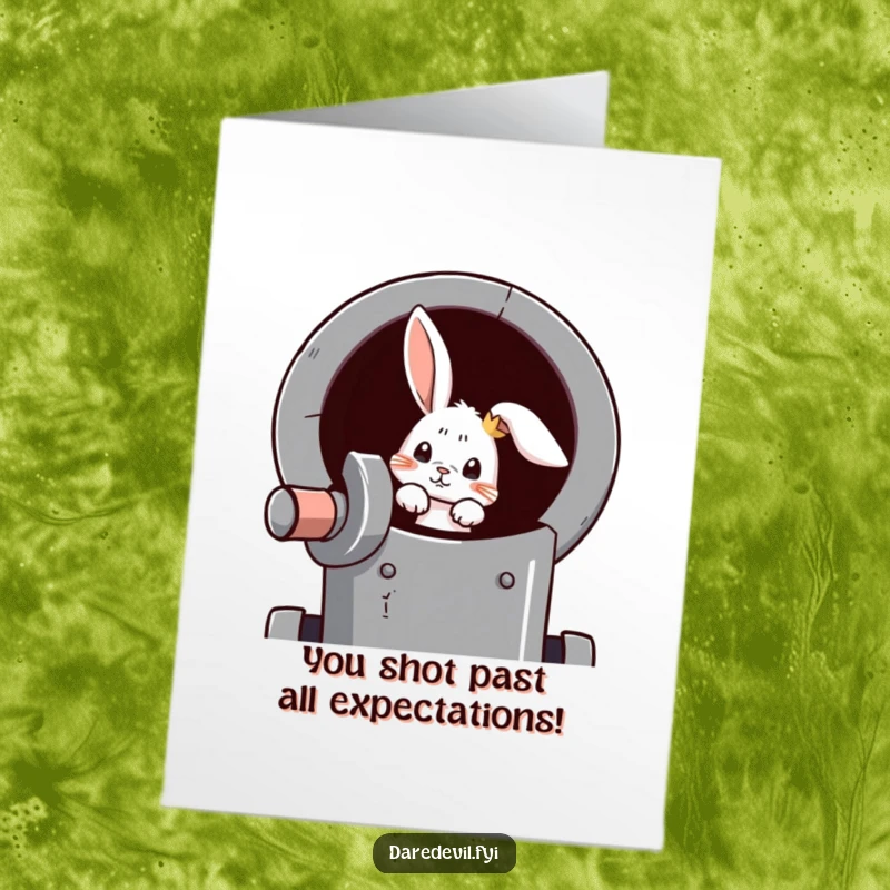 Funny Free Printable Congratulations Card: A curious rabbit peeks from a cannon, celebrating a successful launch.