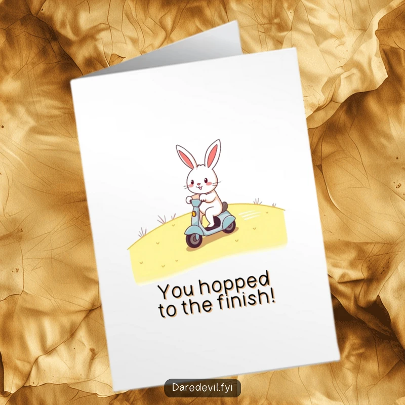 Funny Free Printable Congratulations Card: A cheerful rabbit speeds down a hill on a scooter, celebrating success.