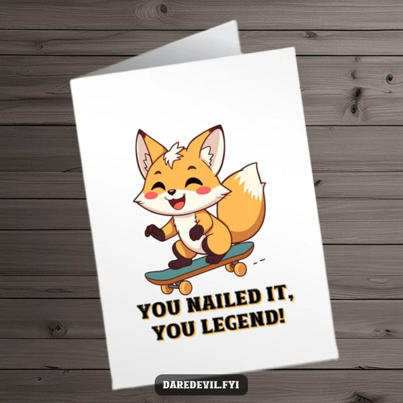 Funny Free Printable Congratulations Card: Goofy fox on a skateboard, cheering with excitement for your amazing accomplishment.