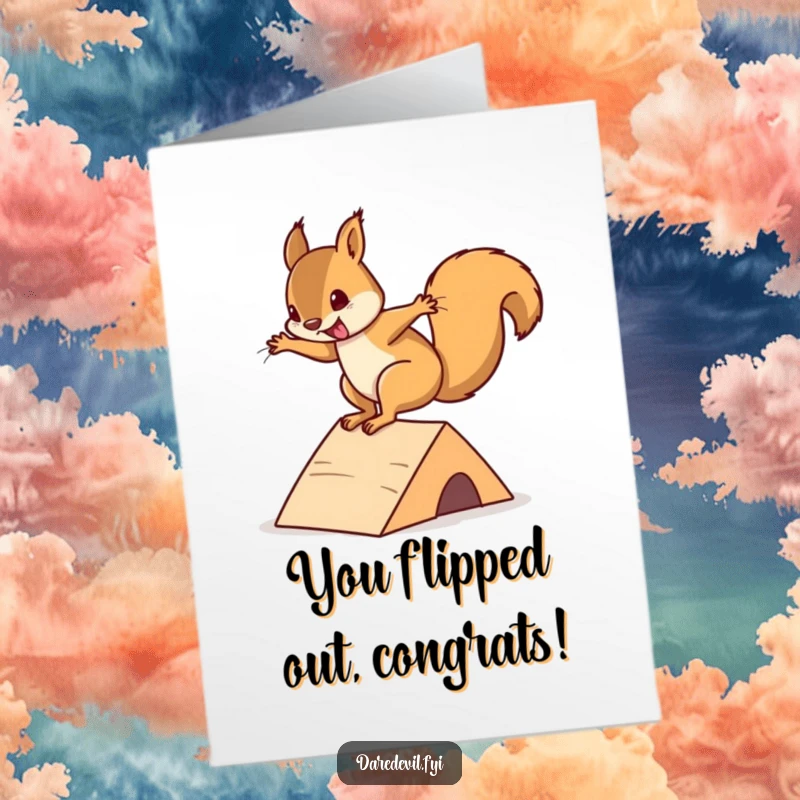 Funny Free Printable Congrats Card: A squirrel masterfully flips off a mini ramp, celebrating your friend's awesome accomplishment.
