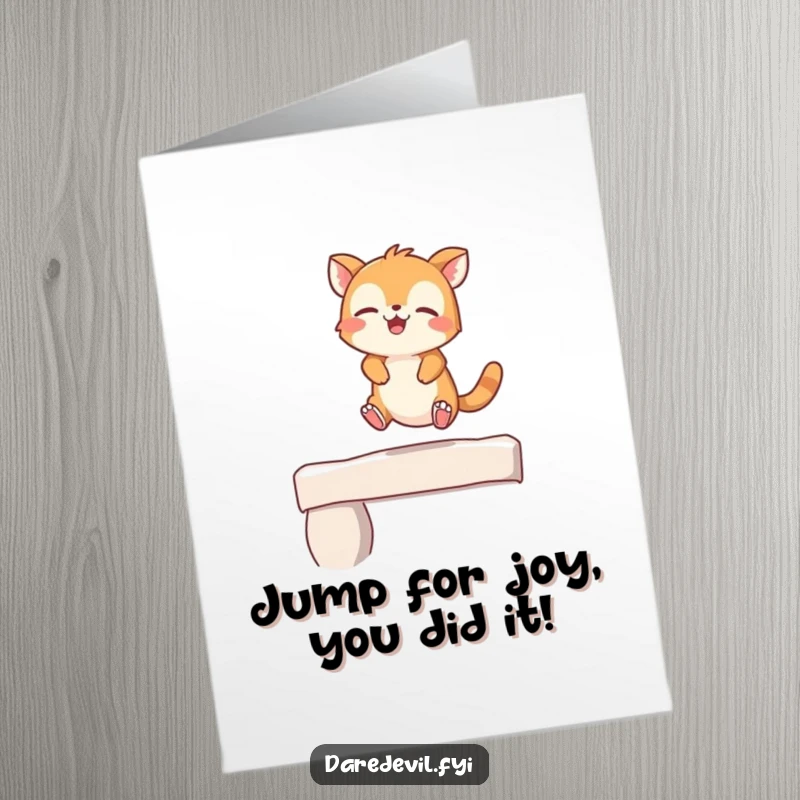 Free Printable Congratulations Card, giggling animal character playfully leaping off a small ledge, a humorous downloadable gift.