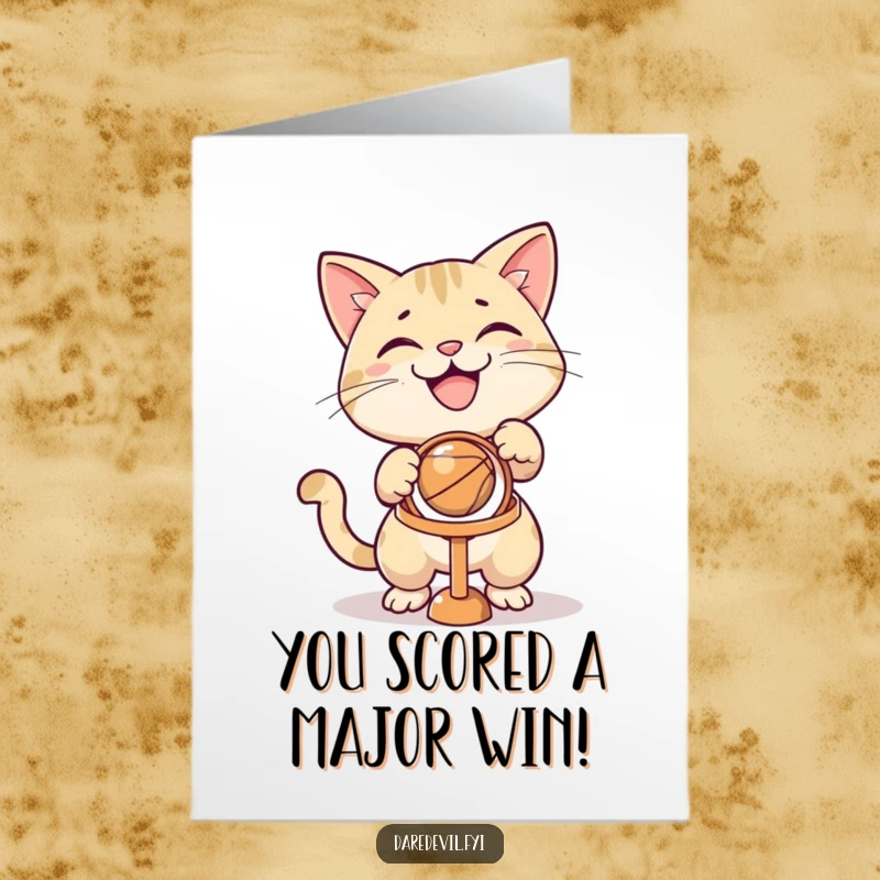 Funny Free Printable Congratulations Card: Grinning cat concentrating on throwing a ball through a small hoop. Celebrate success!