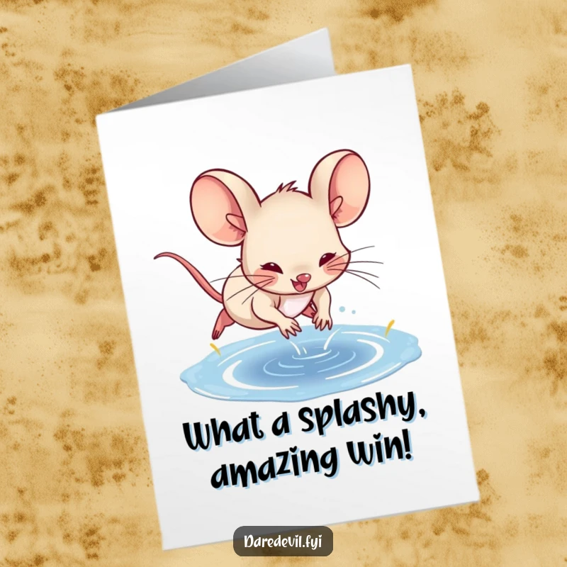 Funny Free Printable Congratulations Card: A spunky mouse executing a daring dive into a puddle, celebrating achievement. Print for smiles.