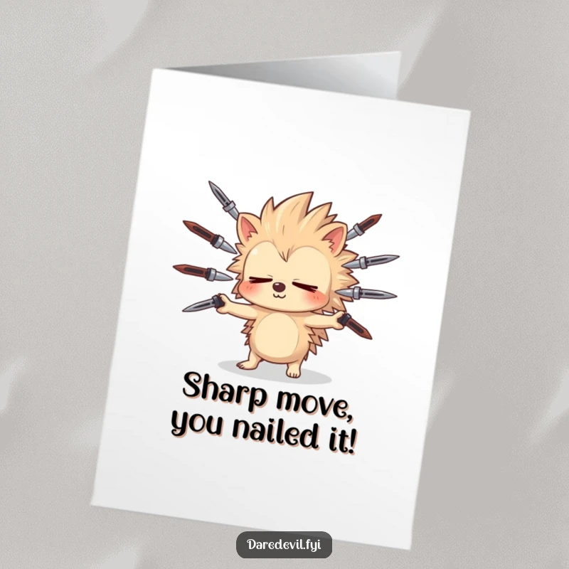 Funny Free Printable Congrats Card: Sleepy hedgehog juggles sharp items with eyes closed, a humorous downloadable gift.