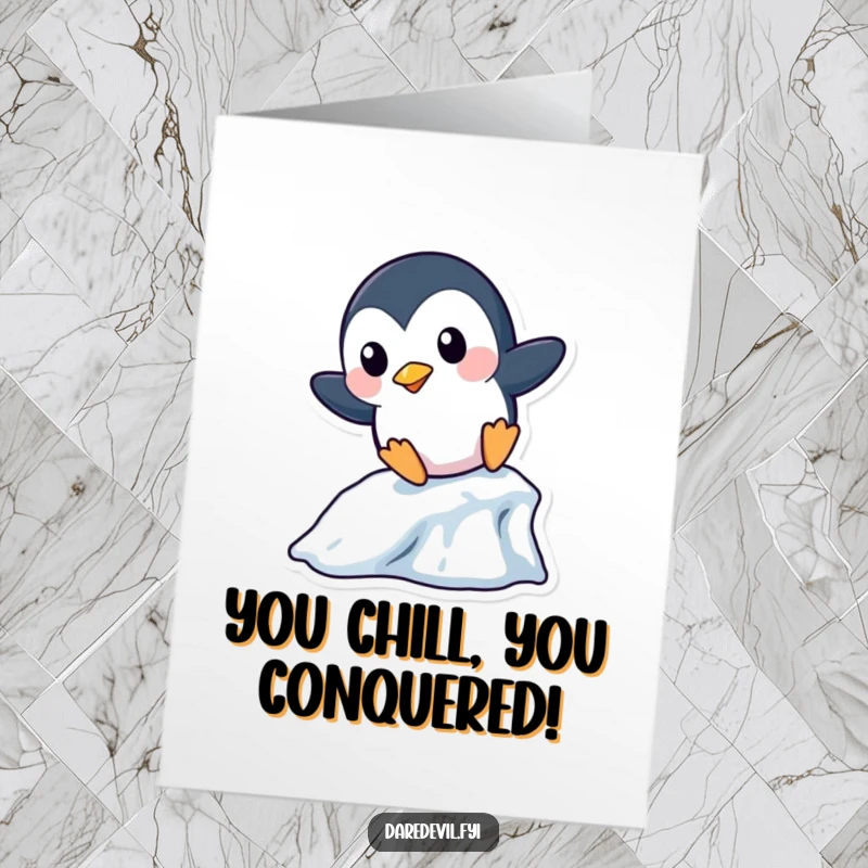 Funny Free Printable Congratulations Card: A playful penguin slides down an icicle, symbolizing a smooth and exciting path to success.