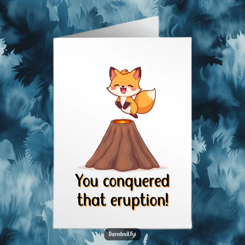 Funny Free Printable Congratulations Card: Cute fox gleefully jumping over a small volcano with a huge smile.