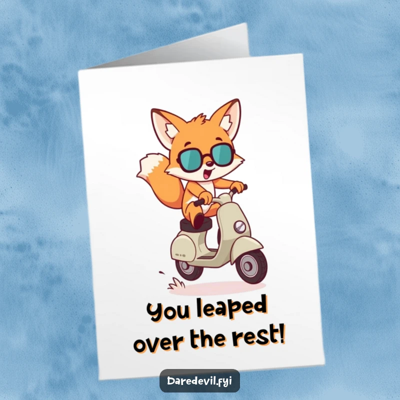 Funny Free Printable Congratulations Card: Mischievous fox leaping over gap on scooter, a daring DIY printable.