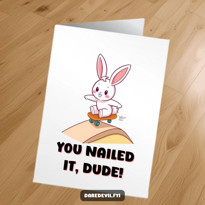 Funny Free Printable Congratulations Card: Bunny skillfully rides a skateboard down a ramp, celebrating success.