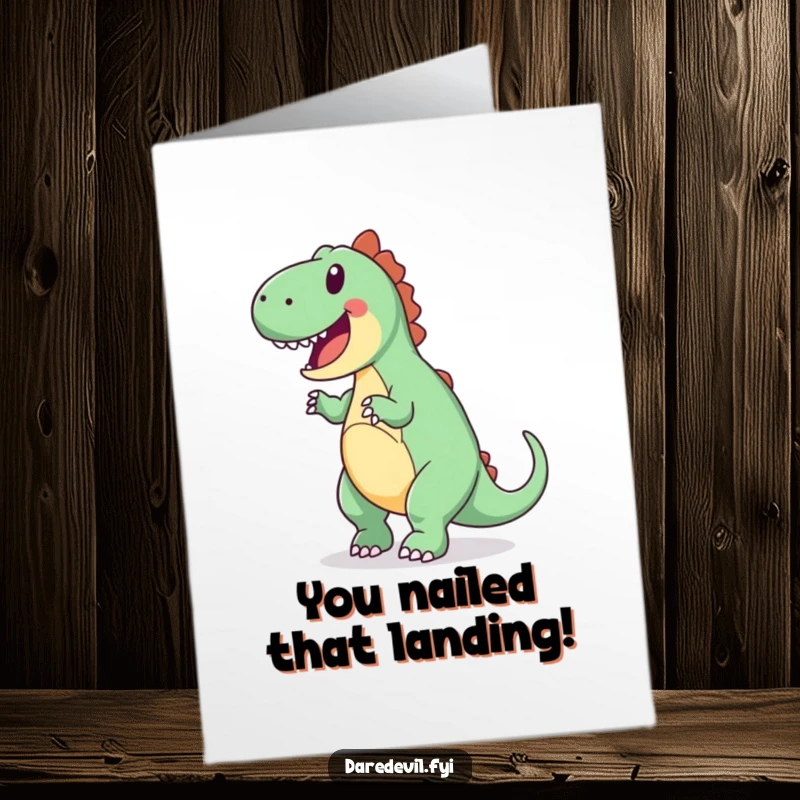 Funny free printable congratulations card of an enthusiastic dinosaur attempting a backward somersault to celebrate.