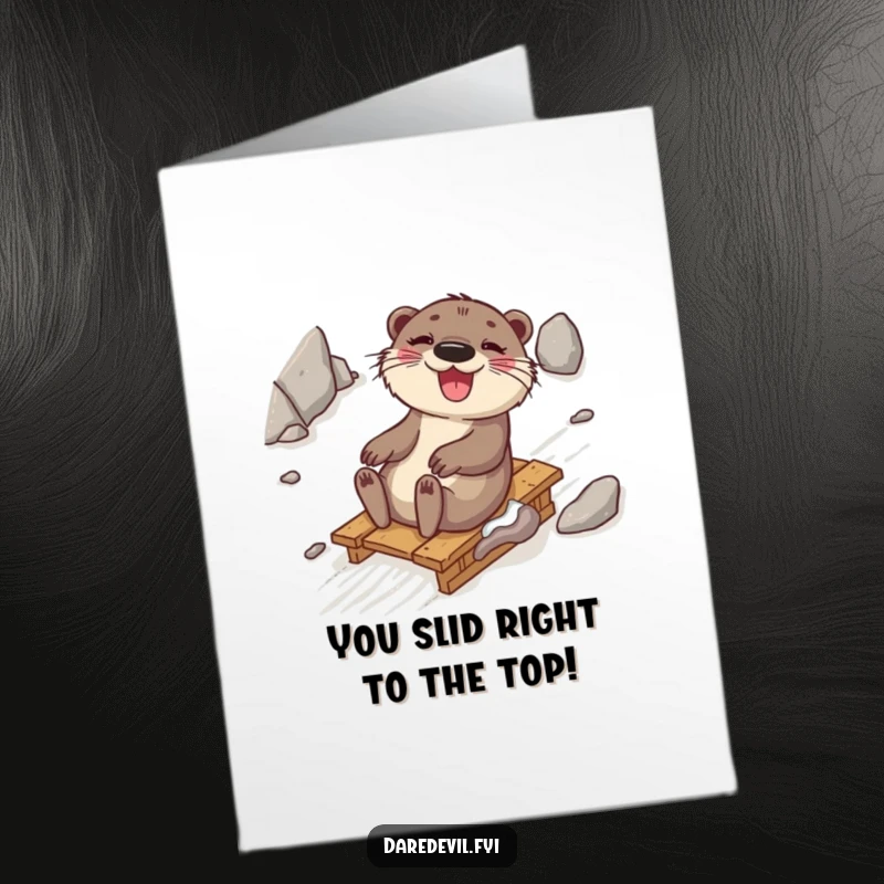 Funny Free Printable Congratulations Card: A joyful otter giggling as it slides down a slope, celebrating your slick achievement.