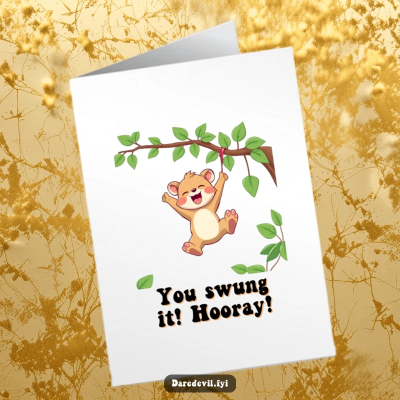 Funny Free Printable Congratulations Card showing a joyful animal character gleefully swinging from a vine, celebrating a win.