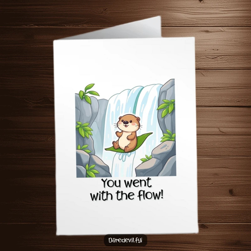 Funny Free Printable Congratulations Card: A playful otter navigates a giant waterfall on a leaf, celebrating a remarkable success with glee.