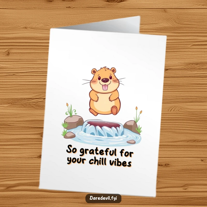 Funny free printable thank you card featuring a capybara bravely jumping over a flowing river, expressing thanks.