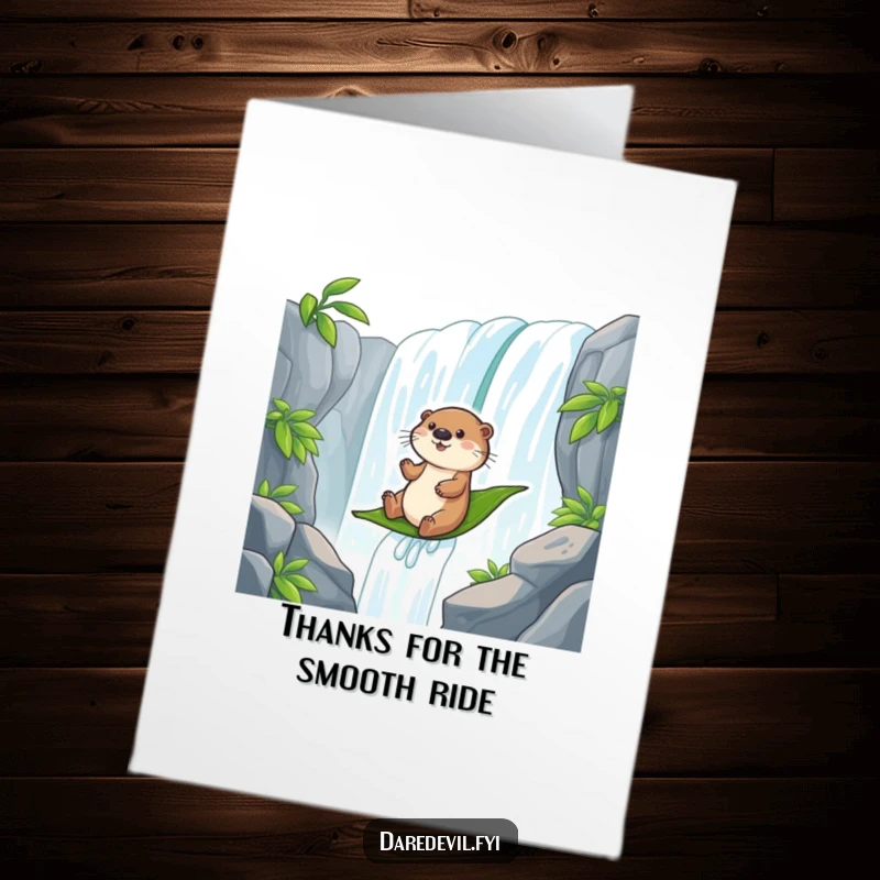 Funny Free Printable Thank You Card: A playful otter slides down a waterfall on a leaf, conveying thanks with a joyful, adventurous spirit.