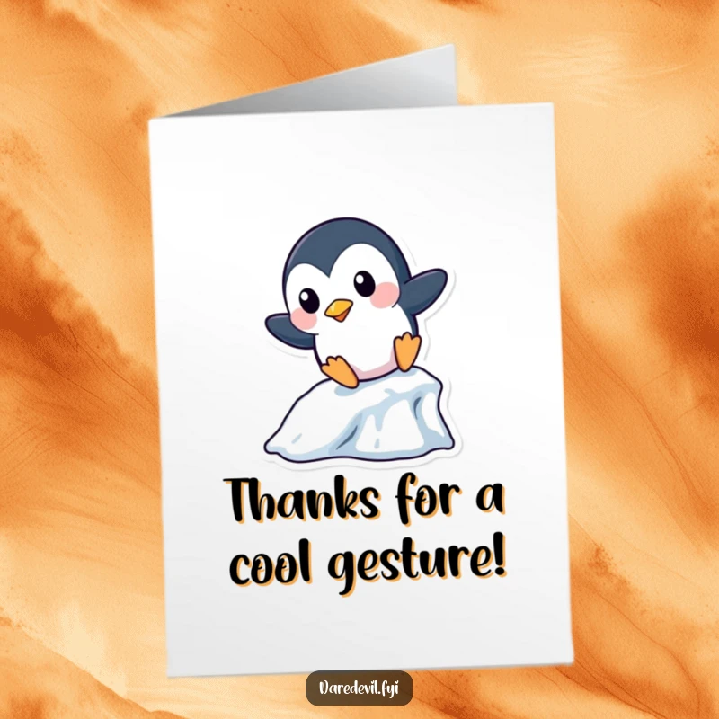 Funny Free Printable Thank You Card: A playful penguin slides down a miniature icicle, a fun way to express thanks.
