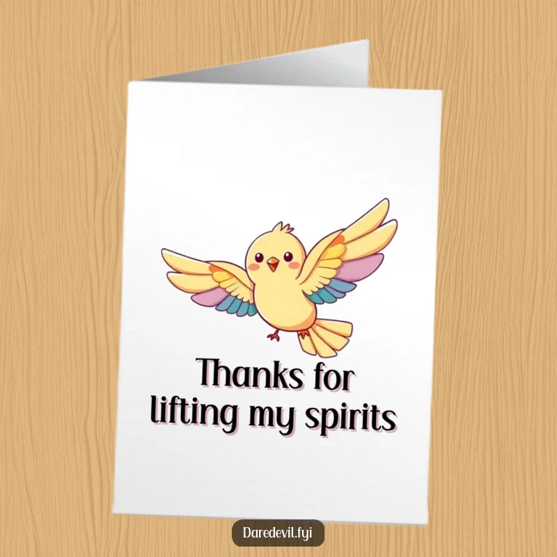 Funny Free Printable Thank You Card: A cheerful bird with spectacular rainbow wings flies, delivering heartfelt thanks!