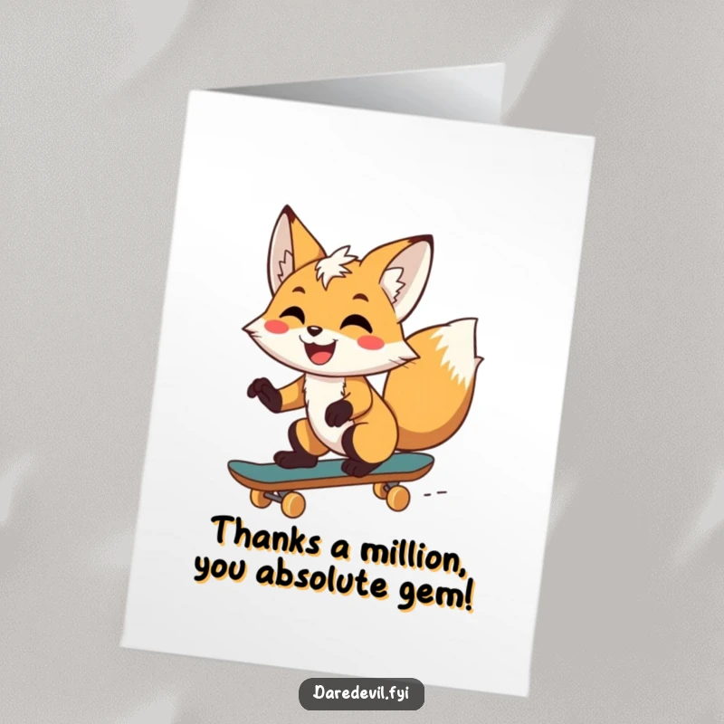 Funny Free Printable Thank You Card: Energetic fox on a skateboard, delivering thanks with style and a big grin.
