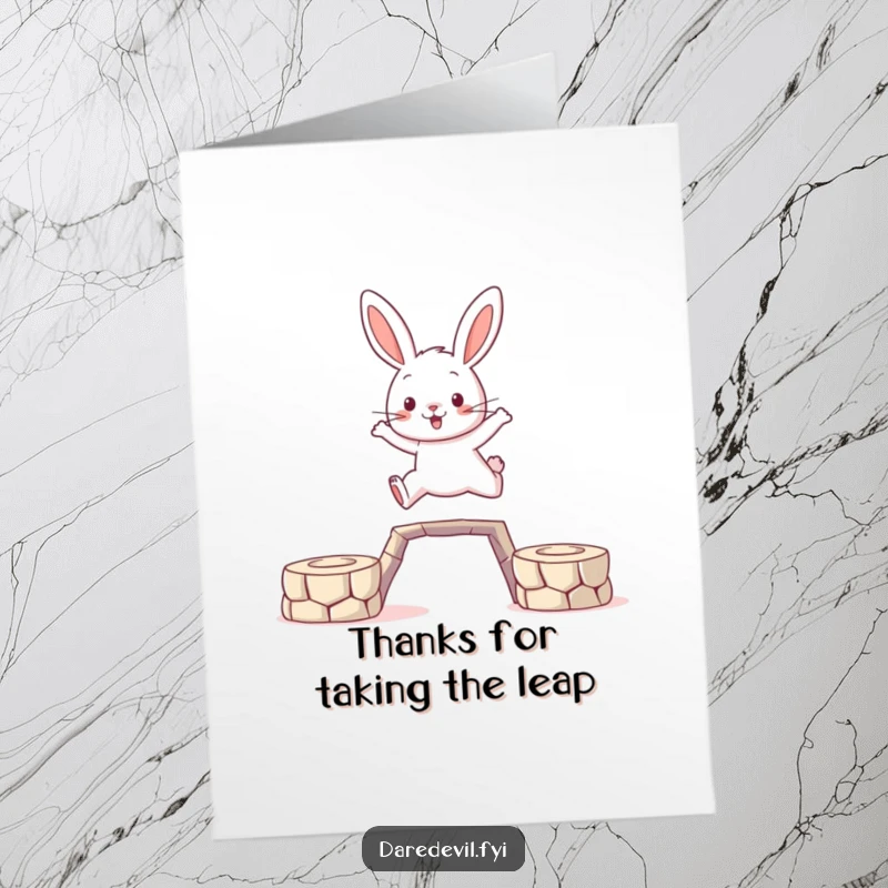 Funny Free Printable Thank You Card: Brave rabbit character mid-leap, a humorous symbol of overcoming challenges, perfect for a downloadable gift.
