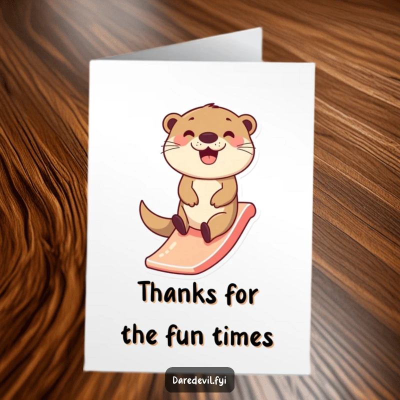 Funny Free Printable Thank You Card: A happy otter zips down a slide with a wide smile, a fun and humorous thank you, downloadable gift.