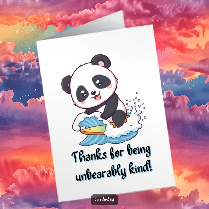Funny Free Printable Thank You Card: A smiling panda surfs a small wave, a cool and funny way to express gratitude.