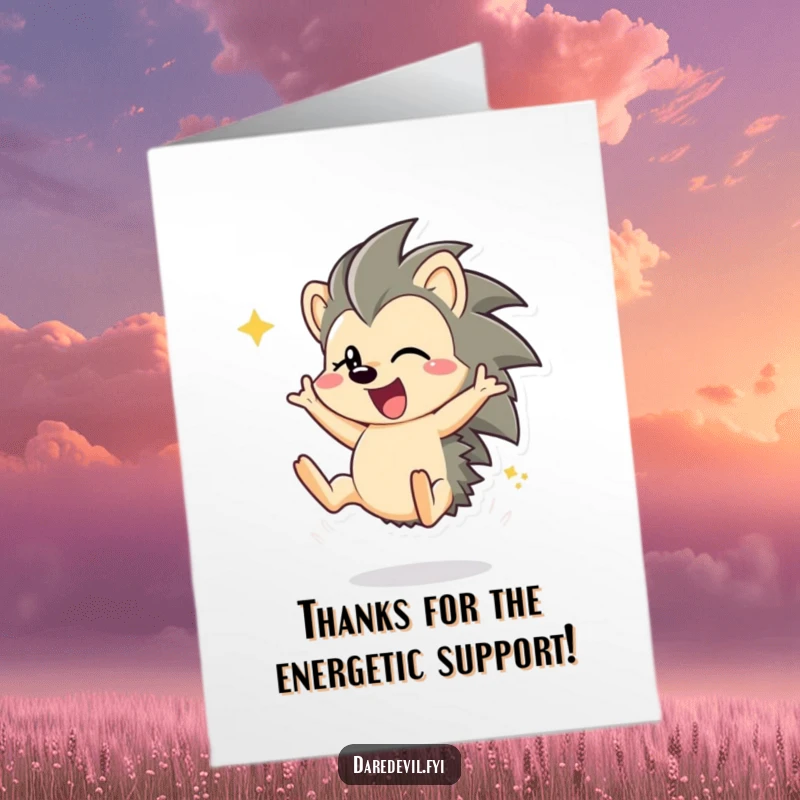 Funny Free Printable Thank You Card: A happy hedgehog performing a dynamic somersault, expressing gratitude. Print this unique card today!