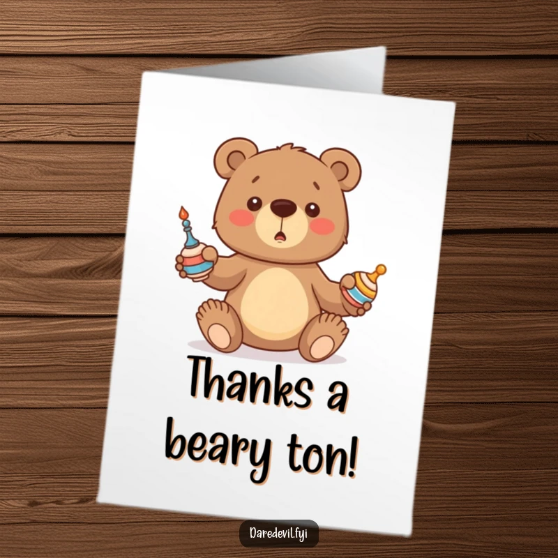 Funny Free Printable Thank You Card: Bear cub trying to juggle, a cute representation of thanks.