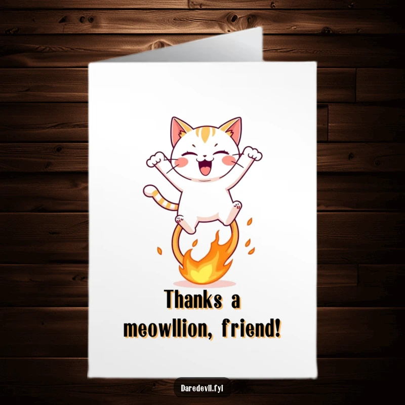 Funny Free Printable Thank You Card: A silly cat performs an incredible fiery hoop jump as a thank you gesture.