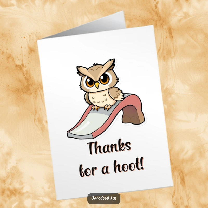 Funny Free Printable Thank You Card: A determined owl prepares to zoom down a slide, sending a thankful message.