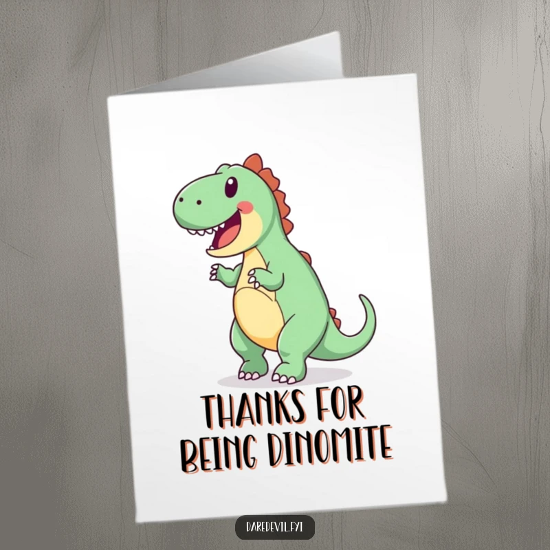 Funny free printable thank you card featuring a joyful dinosaur attempting a backward somersault to show thanks.