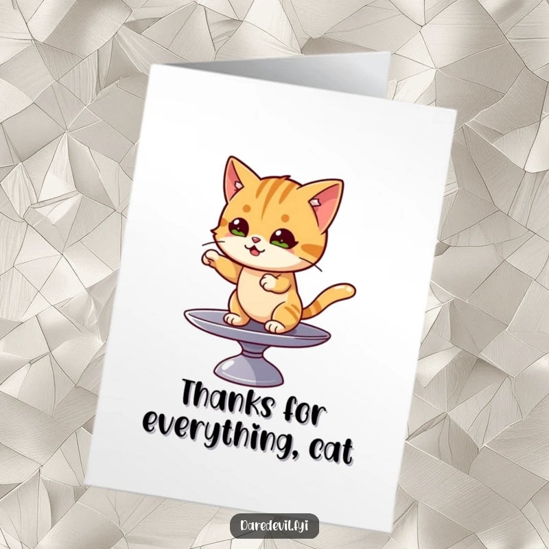 Funny Free Printable Thank You Card: A mischievous cat balances with flair on a spinning plate.