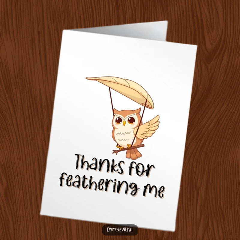 Funny Free Printable Thank You Card: a contented owl paragliding on a feather, expressing gratitude with a smile.