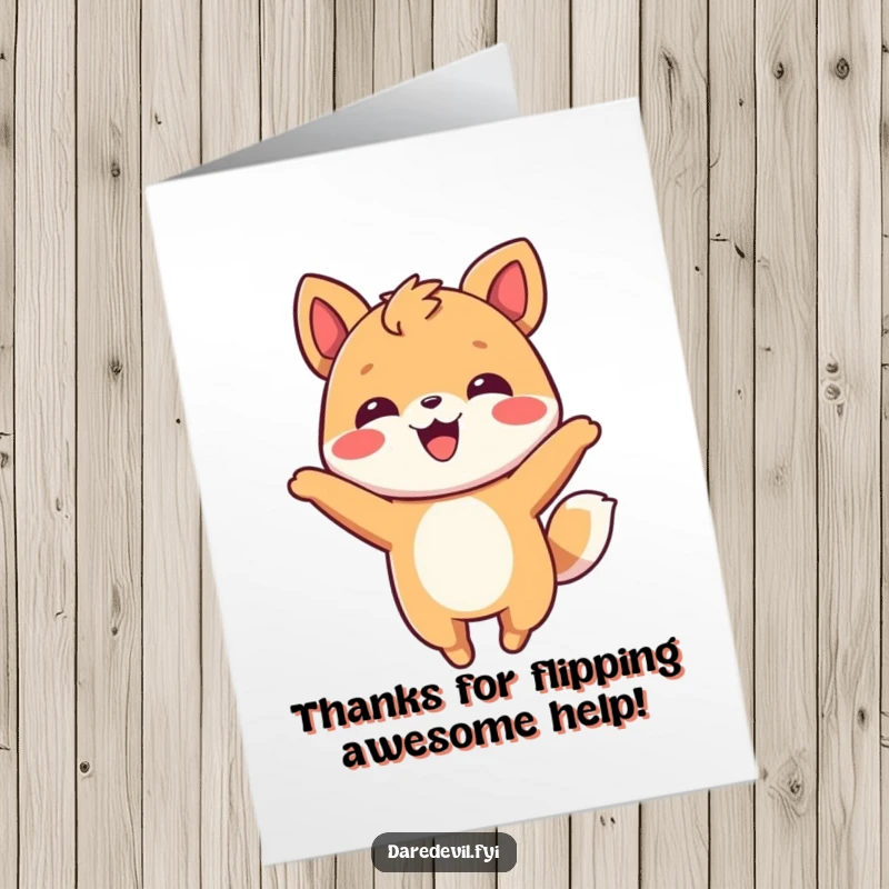 Funny Free Printable Thank You Card of a smiling animal character performing a playful aerial flip with a happy expression.