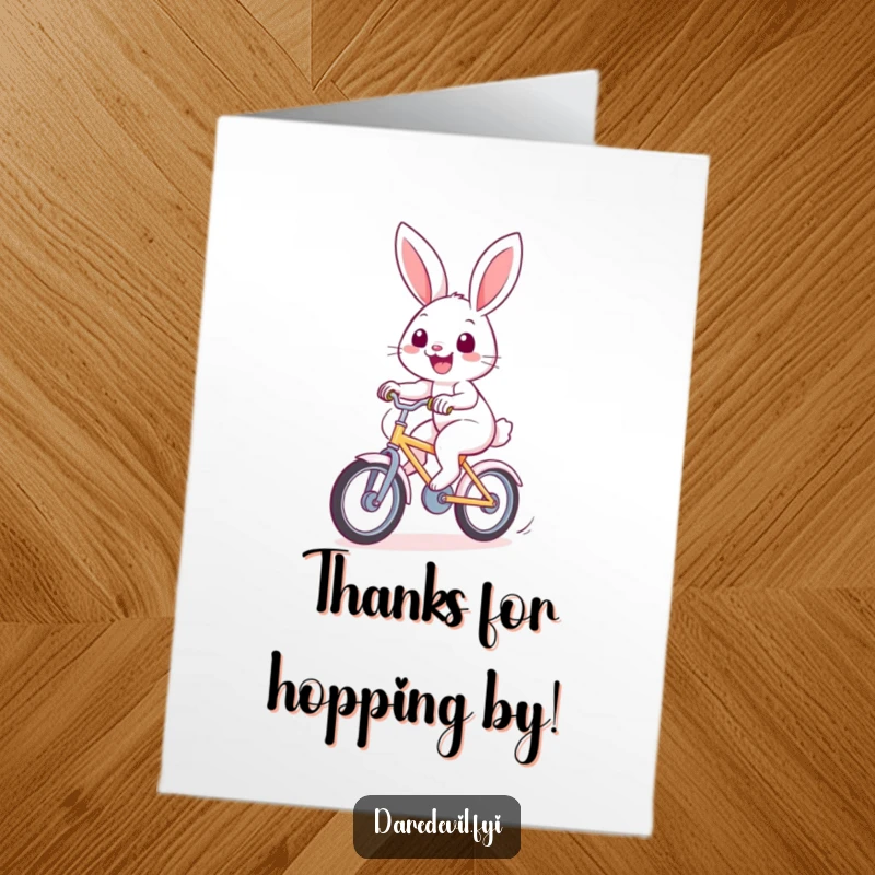 Funny Free Printable Thank You Card: A cheerful rabbit zooms by on a bicycle, expressing thanks for swift assistance.
