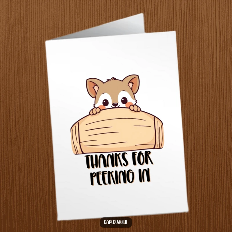 Funny free printable thank you card: A curious animal character playfully peeks over a large obstacle, expressing gratitude with a smile.