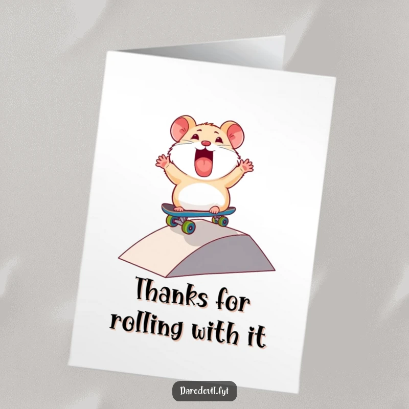Funny Free Printable Thank You Card: Thrilled hamster rides a mini skateboard down a ramp, a fun and humorous way to say thanks, downloadable gift.