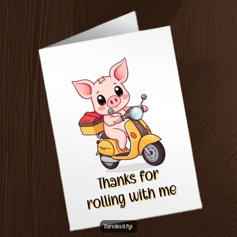 Funny free printable thank you card: A brave piglet rides a scooter with determination, conveying thanks with a comical and heartfelt expression.