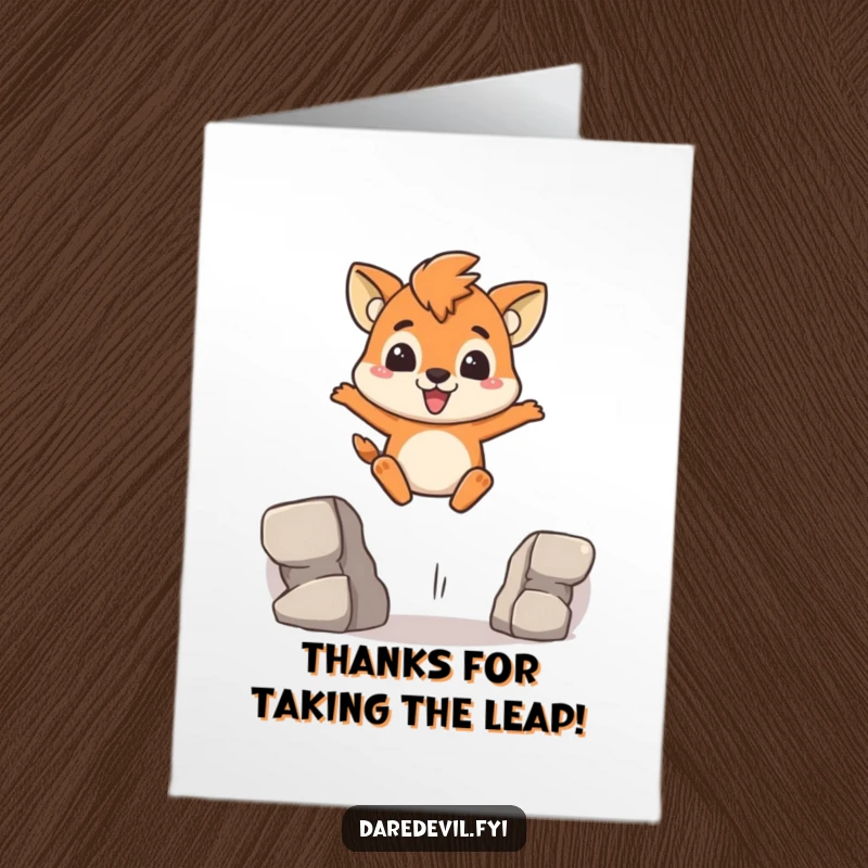 Funny Free Printable Thank You Card of a brave animal character leaping a gap, symbolizing overcoming challenges.