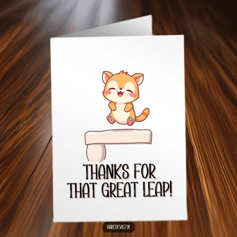 Free Printable Thank You Card, giggling animal character leaping off a ledge with pure joy, a funny downloadable gift.