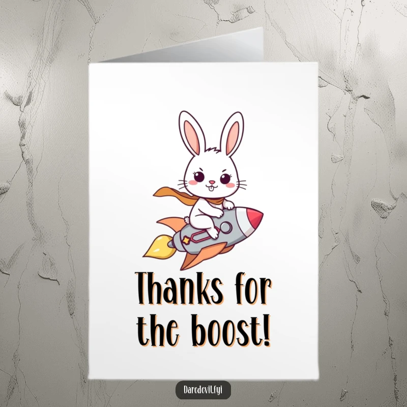 Funny Free Printable Thank You Card: A brave rabbit zooms on a tiny rocket, sending a big thank you your way.