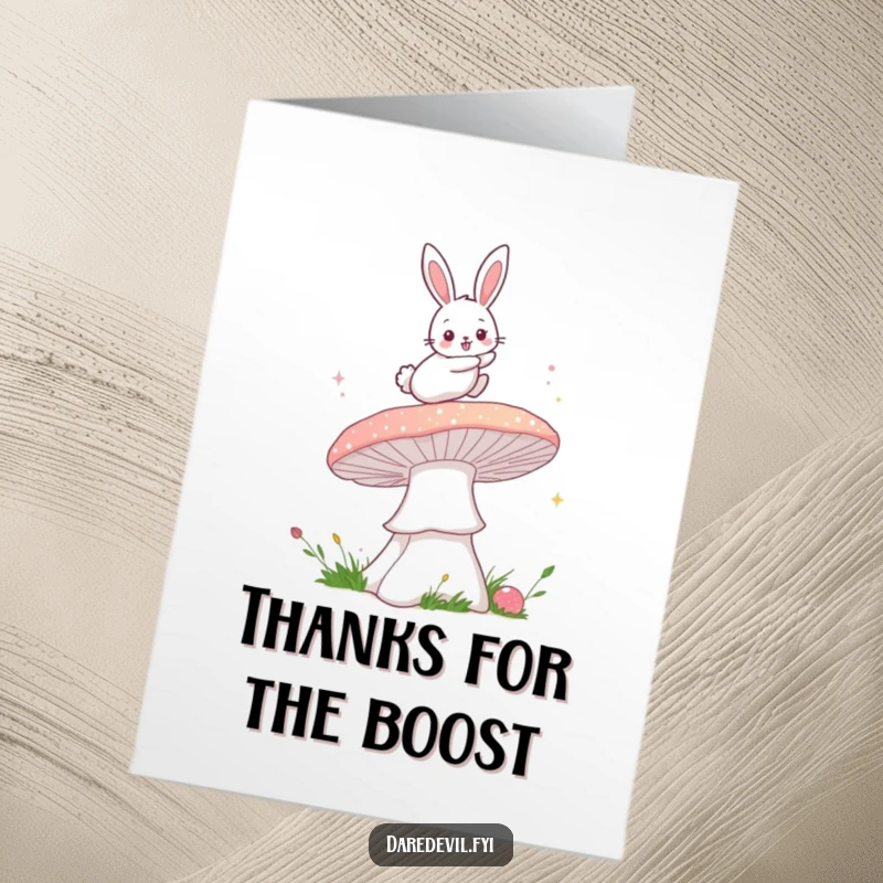 Funny Free Printable Bunny Thank You Card with a fluffy bunny leaping over a sparkly mushroom, conveying thanks.